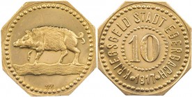 EBERBACH STADT
 Achteckiger Goldabschlag zu 10 Pfennig 1917 mit Punze 999 Funck 106.2; vgl. Künker, Auktion 251, 2014, Los 3683. 3.84 g. von großer S...