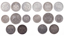 KAISERREICH
 Lot Silbermünzen Hamburg: 1 x 5 Mark, 5 x 3 Mark, 2 x 2 Mark J. 61, 63, 64, 65. 8 Stück s-vz