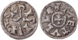 FRANKREICH/KAROLINGER
Pippin I., König von Aquitanien, 817-838, oder Pippin II., König von Aquitanien, 839-852. Obol o. J. Melle Vs.: Namensmonogramm...