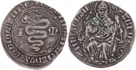 ITALIEN MAILAND
Giovanni Maria Visconti, 1402-1412. Grosso o. J. Vs.: Stadtwappen: Schlange zwischen I - M in Vierpass, Rs.: Hl. Ambrosius thront v. ...