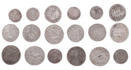 ÖSTERREICH SALZBURG
 Lot Kleinsilbermünzen Pfennig 1540 (Schulten 4320); 1 Kreuzer 1675; 3 Kreuzer (Groschen) 1680, 1681, 1690; 4 Kreuzer (Batzen) 17...