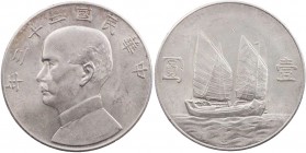 CHINA REPUBLIK, 1912-1949.
 Yuan (Dollar) Jahr 23 (1934) Vs.: Büste des Präsidenten Sun Yat-sen n. l., Rs.: Dschunke KM 345; Dav. 223. Kratzer, ss-vz...
