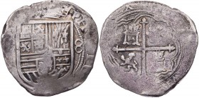 MEXIKO
Felipe III., 1598-1621. 8 Reales Jahr nicht leserlich OM F (?) Vs.: bekröntes Wappen, rechts Wert 8, Rs.: vierfeldiges Wappen. 27.08 g. ss