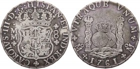 MEXIKO
Carlos III., 1759-1788. 8 Reales 1761 MM Mo Mexiko Vs.: bekröntes Wappen, Rs.: zwei Globen unter Krone zwischen bekrönten Säulen Calico 888. 2...