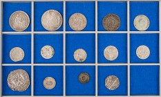 DIVERSE
 Lot Kleinsilbermünzen RÖMISCH-DEUTSCHES-REICH (3), SALZBURG (2); SCHWEIZ, Zürich (2), Chur, Fribourg; FRANKREICH, Gros Angers; SÜDAMERIKA, G...