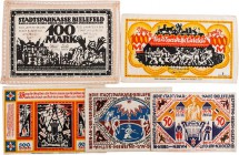DEUTSCHLAND NOTGELD
Bielefeld Lot Seidengeld 5 Seidengeldscheine der Stadtsparkasse Bielefeld: 25 Mark (15. Juli 1921), 50 Mark (9. April 1922), 100 ...