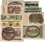DEUTSCHLAND NOTGELD
Krefeld Lot 9 verschiedene Geldscheine vom Sommer/Herbst 1923: 5 Mark mit Aufdruck 500.000 Mark (gültig bis 15. November, 2 versc...