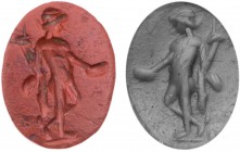 GEMMEN UND SIEGELSTEINE
 Intaglio Jaspis, rot, hochoval, mit der Darstellung des Bonus Eventus mit Füllhorn und Patera n. r., H. 10 x B. 8 x T. 2 mm,...