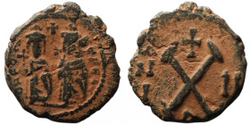 Phocas with Leontia (AD 602-610). Theoupolis (Antioch)
AE Decanummium (17mm, 2,32g)

Artificial sandpatina