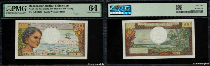 Country : MADAGASCAR 
Face Value : 500 Francs = 100 Ariary 
Date : (1964) 
Perio...