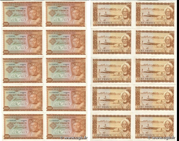 Country : MALI 
Face Value : 100 Francs Liasse 
Date : 22 septembre 1960 
Period...
