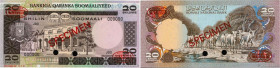 Country : SOMALIA 
Face Value : 20 Shilin Spécimen 
Date : 1975 
Period/Province/Bank : Somali National Bank 
Catalogue reference : P.19s 
Alphabet - ...
