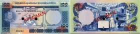 Country : SOMALIA 
Face Value : 100 Shilin Spécimen 
Date : 1975 
Period/Province/Bank : Somali National Bank 
Catalogue reference : P.20s 
Alphabet -...