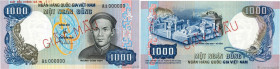 Country : SOUTH VIETNAM 
Face Value : 1000 Dong Spécimen 
Date : (1975) 
Period/Province/Bank : National Bank of Viet Nam 
Catalogue reference : P.34A...