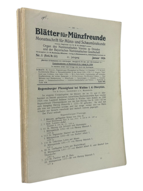 Blätter für Münzfreunde
 61. Jahrgang 1926. Nrn. 551 - 562. S. 365 - 576, 16 Tf...