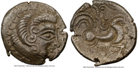 NORTHWESTERN GAUL. Armorican. Coriosolites. BI stater (22mm, 6.34 gm, 11h). NGC Choice XF 4/5 - 3/5. Celticized head right, hair in large spiral curls...