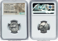 CALABRIA. Tarentum. Ca. 302-280 BC. AR didrachm (22mm, 7.88 gm, 9h). NGC AU. 4/5 - 4/5 Cratinos, Ago-, and Xor-, magistrates. Nude youth on horseback ...