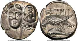 MOESIA. Istrus. Ca. 4th century BC. AR drachm (18mm, 5.13 gm, 12h). NGC Choice AU 4/5 - 3/5. Two male heads facing, the right inverted / IΣTPIH, sea-e...