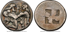 THRACIAN ISLANDS. Thasos. Ca. 500-450 BC. AR stater (20mm, 7.53 gm). NGC Choice Fine 5/5 - 3/5, marks. Nude ithyphallic satyr running right, carrying ...