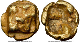 IONIA. Uncertain mint. Ca. 625-550 BC. EL 1/48 stater (5mm, 0.33 gm). NGC Choice VF 5/5 - 3/5, light marks. Raised tetraskelion pattern / Incuse tetra...