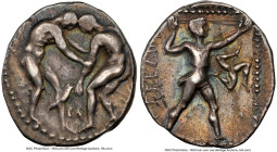 PAMPHYLIA. Aspendus. Ca. 380-225 BC. AR stater (23mm, 10.62 gm, 12h). NGC VF 4/5 - 4/5. Two nude male wrestlers grappling, FA between / EΣTFEΔIIYΣ, sl...