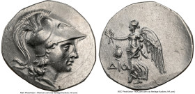 PAMPHYLIA. Side. Ca. 3rd-2nd centuries BC. AR tetradrachm (30mm, 16.84 gm, 1h). NGC AU 4/5 - 3/5. Dio-, magistrate. Head of Athena right, wearing trip...