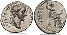 Tiberius (AD 14-37). AR denarius (18mm, 3.78 gm, 11h). NGC AU 3/5 - 3/5, brushed. Lugdunum, ca. AD 18-35. TI CAESAR DIVI-AVG F AVGVSTVS, laureate head...