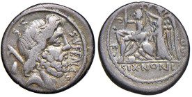 Nonia - M. Nonius Sufenas - Denario (59 a.C.) Testa di Saturno a d. - R/ Roma seduta a s. incoronata dalla Vittoria - B. 1; Cr. 421/1 AG (g 3,88)

q...