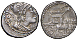 Rubria - L. Rubrius Dossenus - Denario (87 a.C.) Busto elmato di Roma a d. - R/ Carro trionfale a d. - B. 3; Cr. 348/3 AG (g 3,93)

qBB