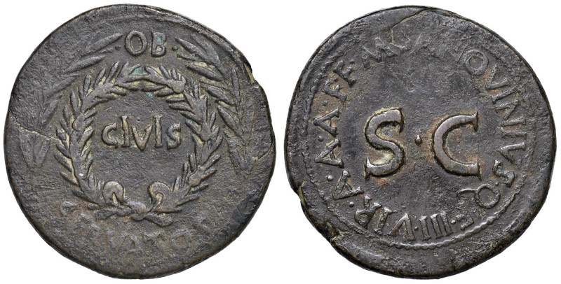 Augusto (27 a.C.-14 d.C.) Sesterzio - Scritta in corona d'alloro - R/ Scritta in...