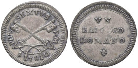 Pio VI (1774-1799) Baiocco 1780 - Nomisma 127 AG (g 0,84) Con cartellino da vecchia raccolta

BB/BB+