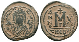 Mauricius Tiberius (582-602 AD). AE Follis, Theoupolis (Antiochia), 597-598 AD. Reference : "Repatinated" Condition: Very Fine

Weight: 10.7 gr. Dia...