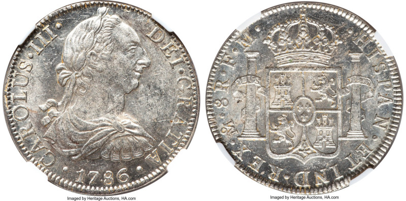 Charles III 8 Reales 1786 Mo-FM MS61 NGC, Mexico City Mint, KM106.2a. While fair...