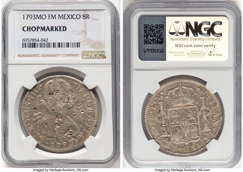 Charles IV 8 Reales 1793 Mo-FM (Chopmarked) NGC, Mexico City mint, KM109, Cal-95...