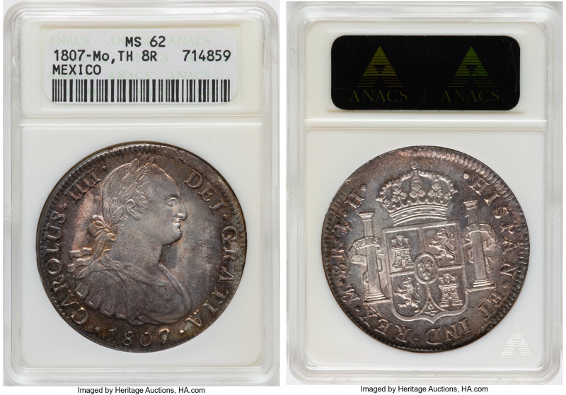 Charles IV 8 Reales 1807 Mo-TH MS62 ANACS, Mexico city mint, KM109, Cal-986. HID...