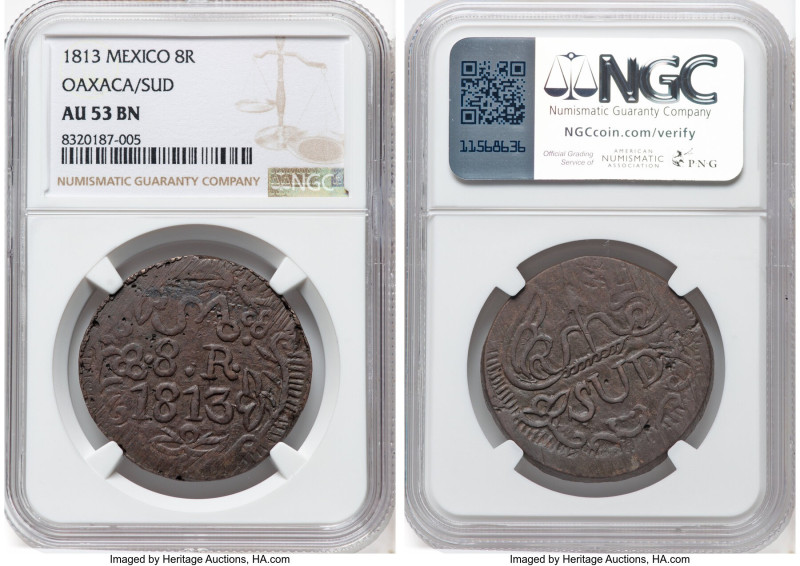 Oaxaca. War of Independence copper 8 Reales 1813 AU53 Brown NGC, KM234. Sud type...