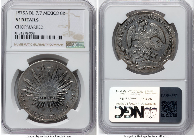 Republic 8 Reales 1875 A-DL XF Details (Chopmarked) NGC, Alamos mint, KM377, DP-...