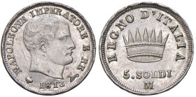 MILANO Napoleone I (1805-1814) 5 Soldi 1813 M - Gig. 195 AG Lievi hairlines.