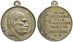 ITALIA Benito Mussolini (1883-1945) Medaglia 1932 An. X Decimo anniversario della rivoluzione fascista - AE (g 6,78 - Ø 26 mm) Appiccagnolo.