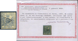 ANTICHI STATI - PARMA - 1857 Giglio borbonico 40 Cent. - azzurro zero largo (11) - Cat. 1100 € - Cert. Chiavarello