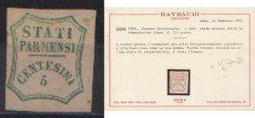 ANTICHI STATI - PARMA GOVERNO PROVVISORIO - 1859 5 Cent. Valore in ottagono - verde azzurro, prima composizione (12) - Cat. 6000 € - Cert. Raybaudi