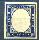 ANTICHI STATI - SARDEGNA - 1855 Effigie 20 Cent. effigie - indaco (15e) - Centratissimo - Cat. 160 € - Linguella