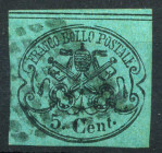 ANTICHI STATI - STATO PONTIFICIO - 1867 Stemma Pontificio - 5 Cent. - azzurro verdastro (16) - Cat. 400 €