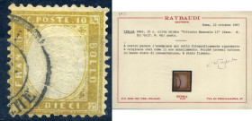 AREA ITALIANA - ITALIA REGNO - 1862 Vittorio Emanuele II - 10 Cent. - oliva chiaro (Sass.1b; Un. 6b) - Cat. 5000 € - Cert. Ray -