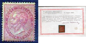 AREA ITALIANA - ITALIA REGNO - 1863 Cifra ed effigie - 40 Cent. (T20) - Cat. 4500 € - Certificato Chiavarello