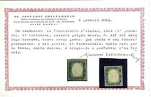 AREA ITALIANA - ITALIA REGNO - 1863 Effigie di Vitt. Emanuele II - 15 Cent. - azzurro grigio scuro (11f) Senza gomma - Certificato Chiavarello