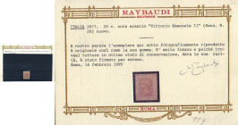 AREA ITALIANA - ITALIA REGNO - 1877 Effige Vittorio Emanuele II - 20 Cent. - ocra arancio (28) - Molto fresco, con gomma originale - Cert. Ray - Cat. ...