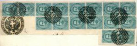 AREA ITALIANA - ITALIA REGNO - 1889 Stemma e effige di Umberto I - 5 Cent. (37) - Bel frammento con strisce di 8, 6 e 2 esemplari. Bell'insieme con al...