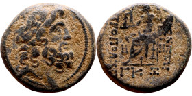 SYRIA. Antioch. Civic issue (100-1 BC). AE bronze. Obv: laureate head of Zeus, r. Rev: ΑΝΤΙΟΧΕΩΝ ΤΗΣ ΜΗΤΡΟΠΟΛΕΩΣ; Zeus seated l., holding Nike and sce...