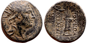 Antiochos IV Epiphanes (Seleukid King: 121-96 BC). AE bronze. Obv.: Radiate, diademed head of Antiochus IV right Rev: Zeus standing right, head left, ...